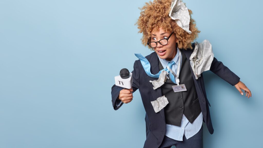 Worried female journalist being in hurry to take interview attends conference and asks questions rea targeting local news, community-focused press release, local PR campaigns, regional press release success